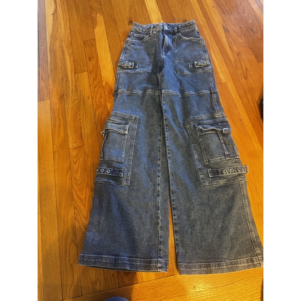 Delia's Dolls Kill Women's‎ Denim Wide Leg Cargo Jeans Buckles Sz XS